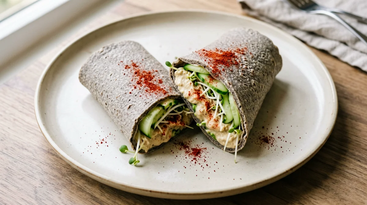 Buckwheat crêpe with hummus, cucumber and sprouts