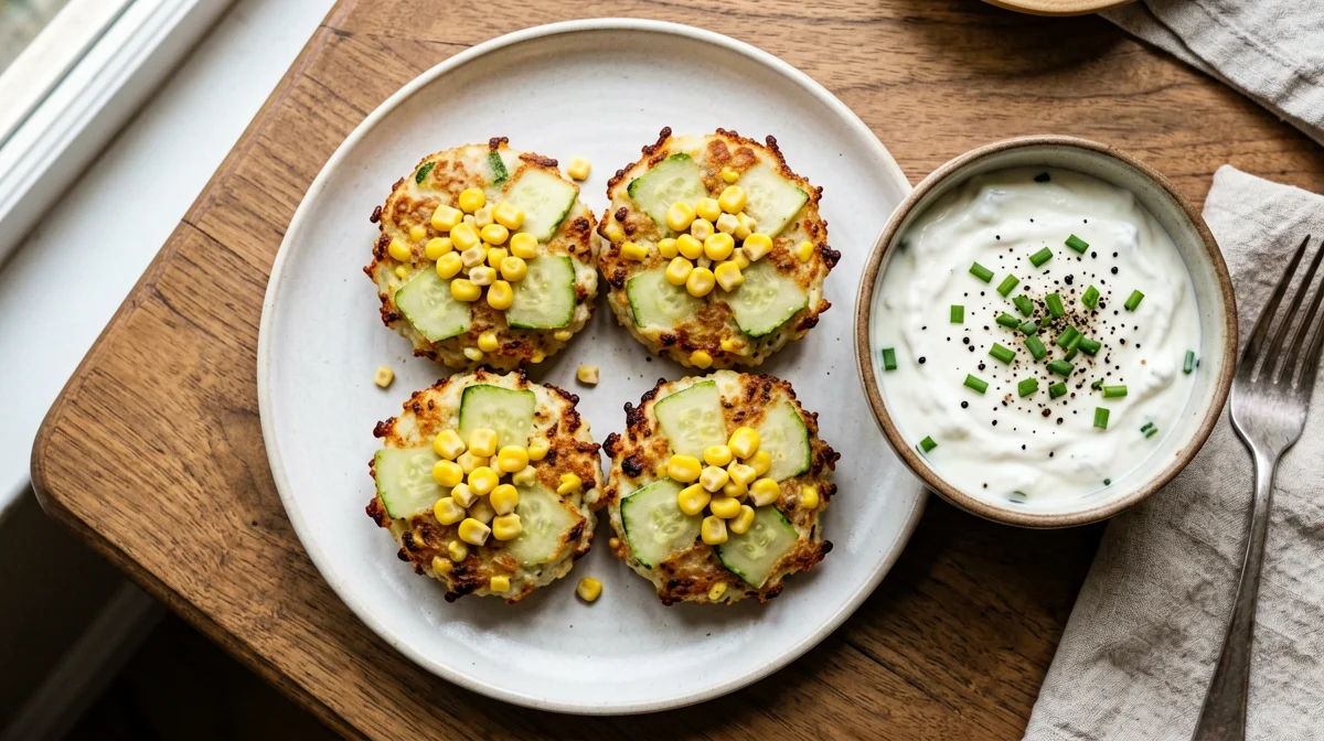 Frittelle di mais e zucchine con salsa allo yogurt di soia