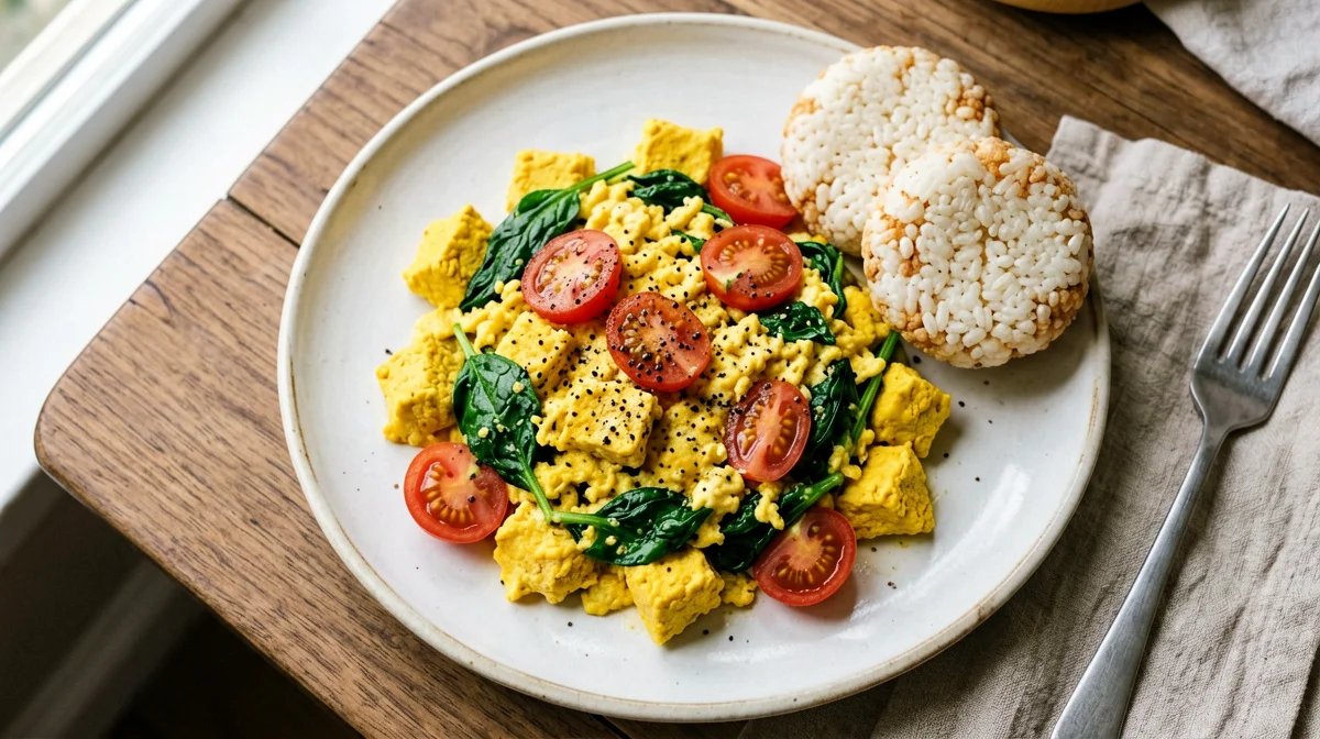 Tofu strapazzato alla curcuma con spinaci e pomodorini