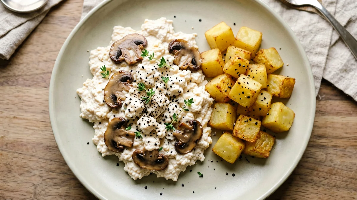 Tofu strapazzato ai funghi e timo con patate saltate