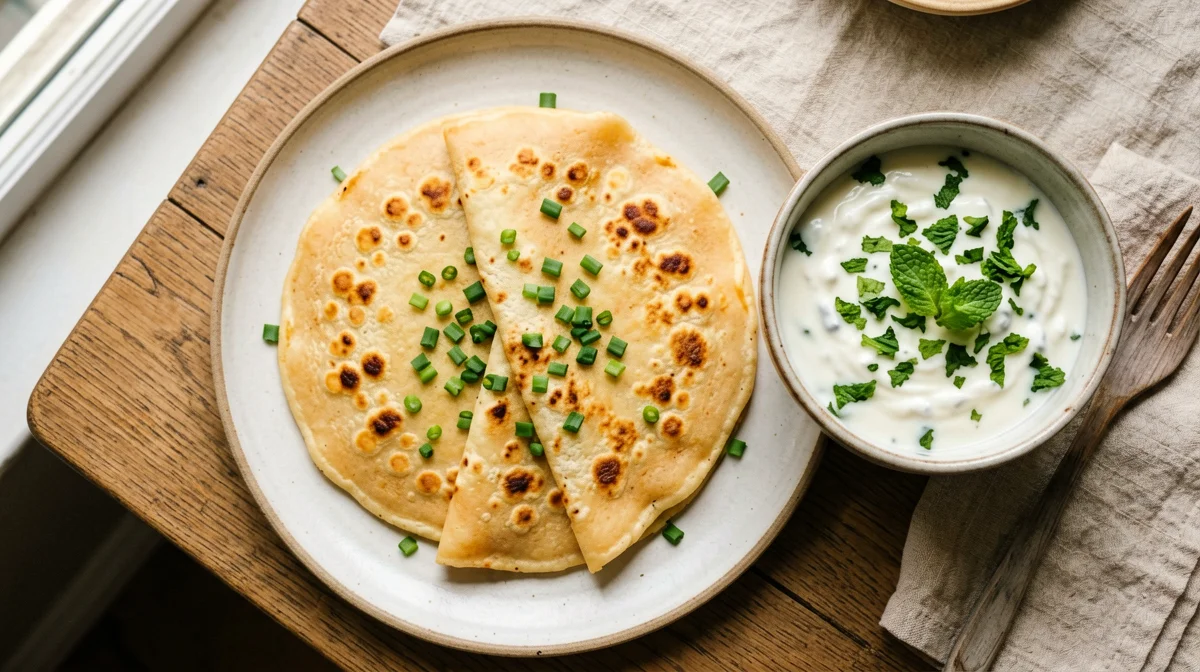 Red lentil chilla with minty soy yogurt