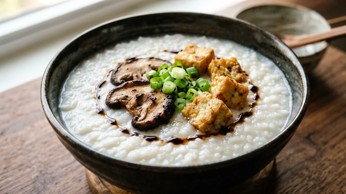 Congee di riso con shiitake, zenzero e tofu
