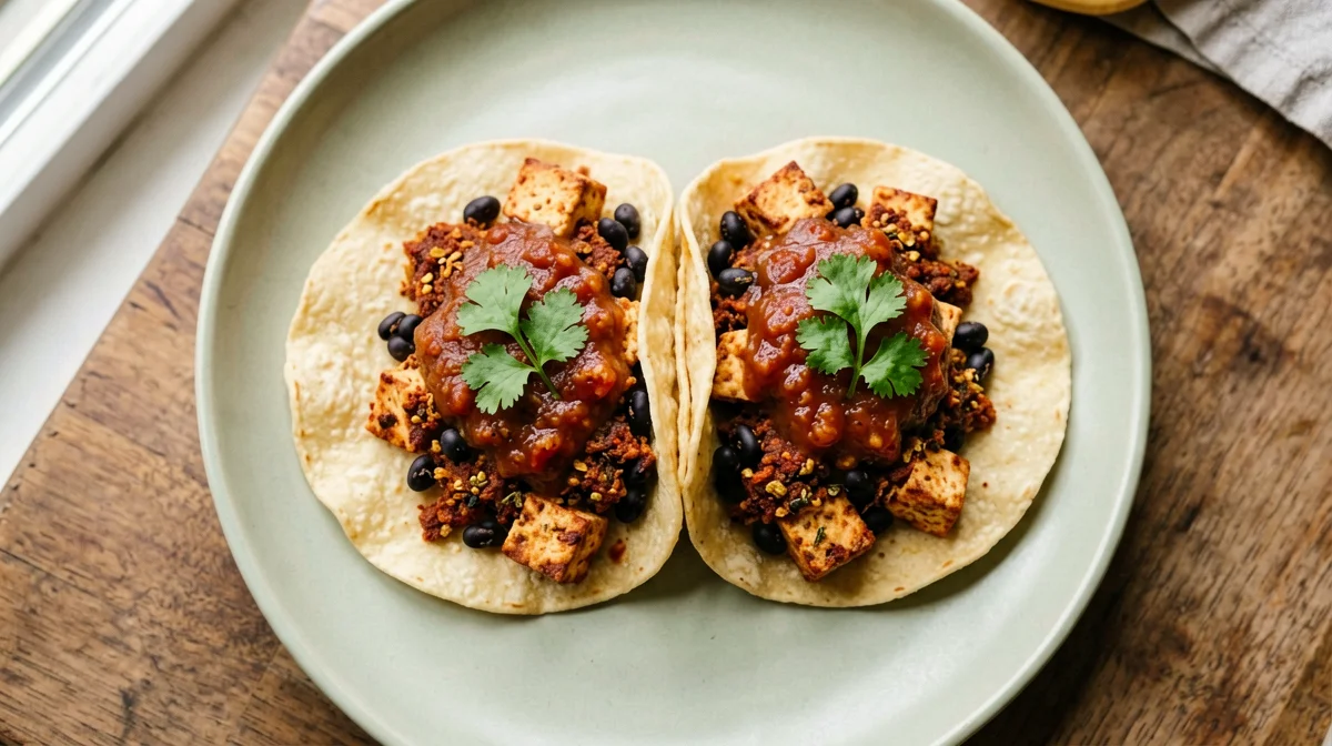 Tacos di colazione con tofu al chili, fagioli neri e salsa
