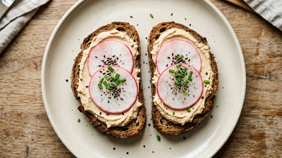 Pane di segale con hummus, ravanelli e semi di canapa