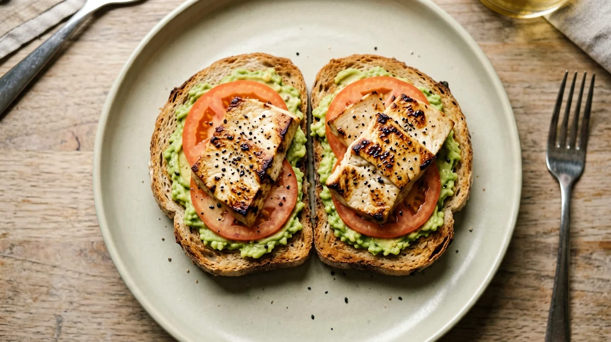 Toast integrale con avocado, tofu affumicato e pomodoro