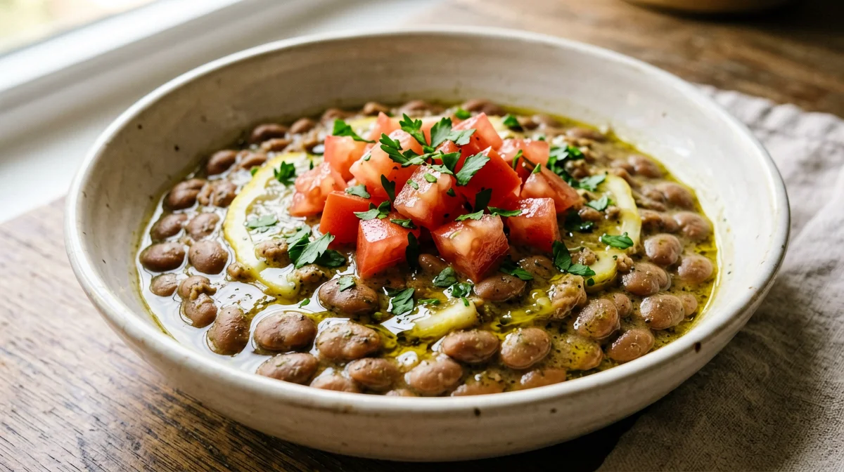 Ful medames with tomato, cumin and parsley
