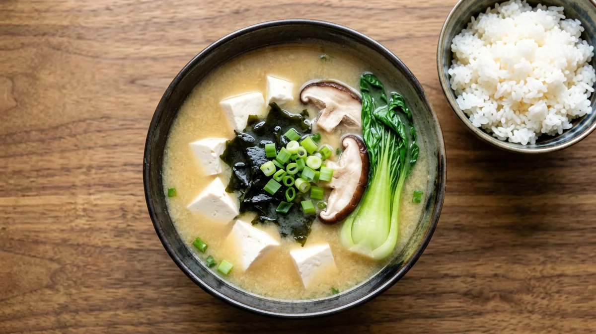 Miso soup with tofu, pak choi and rice