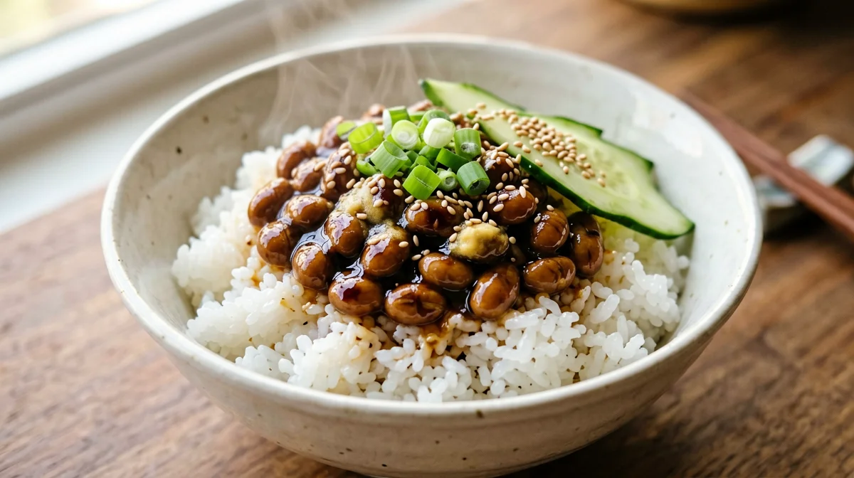 Rice bowl with natto, spring onion and tamari