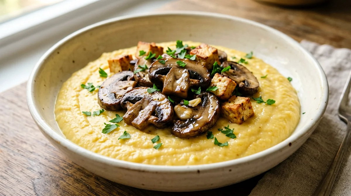 Polenta morbida con funghi trifolati e tofu affumicato