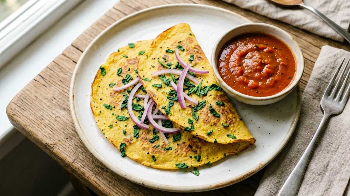Besan chilla con spinaci e salsa di pomodoro speziata