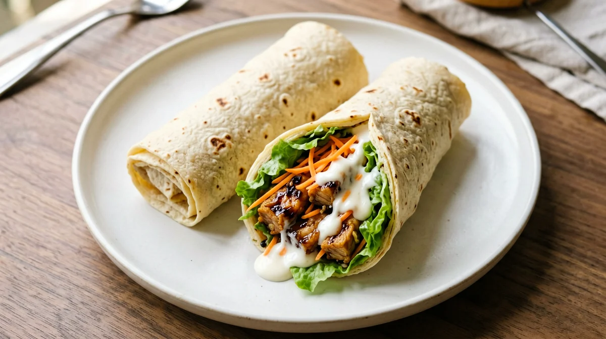 Corn wrap with tempeh, lettuce and soy yogurt sauce