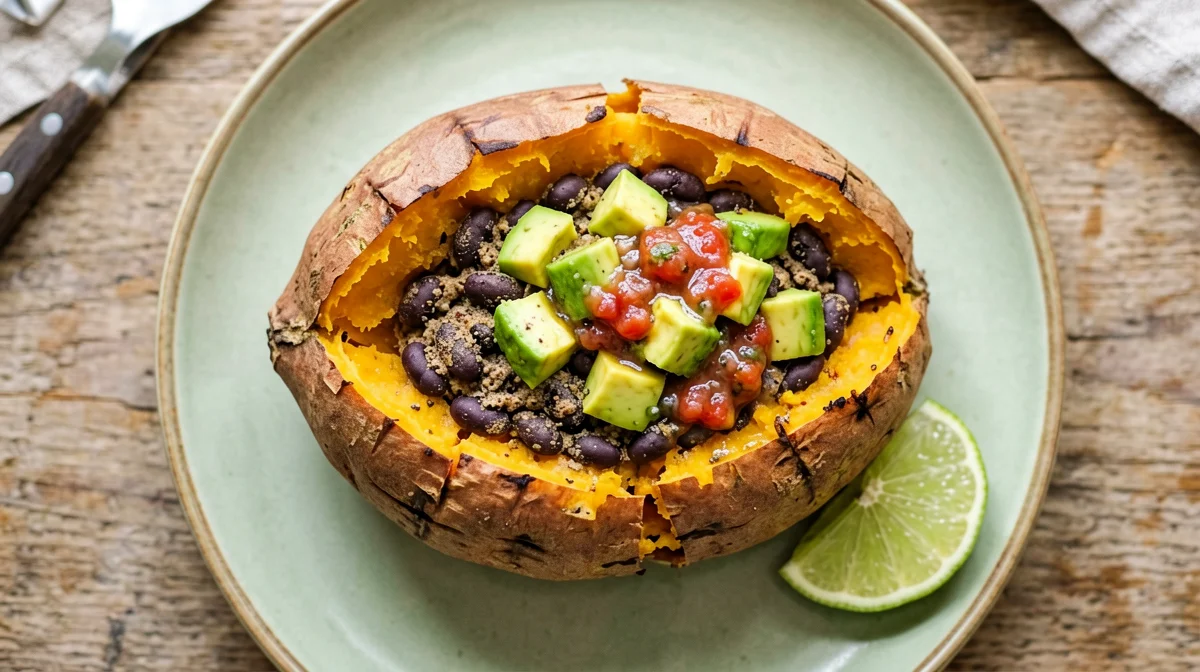Baked sweet potato stuffed with black beans and avocado