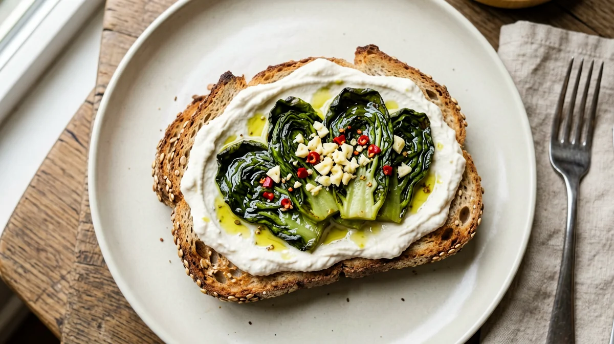 Multigrain bread with cannellini cream and turnip tops