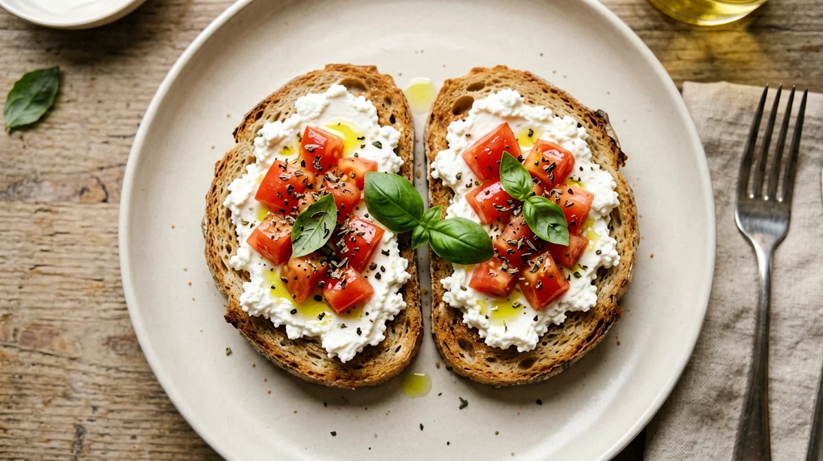 Whole wheat bruschetta with tomato, oregano and crumbled tofu