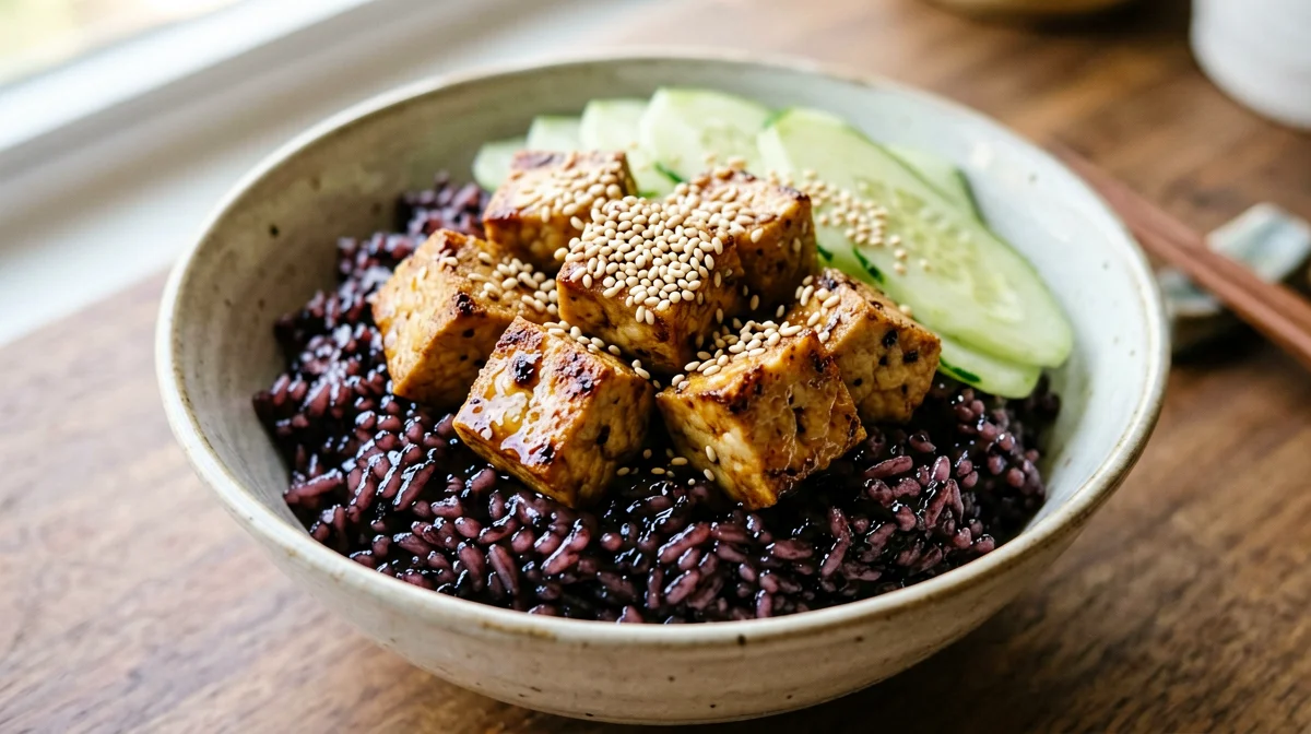 Tofu marinato al tamari con riso Venere e cetriolo