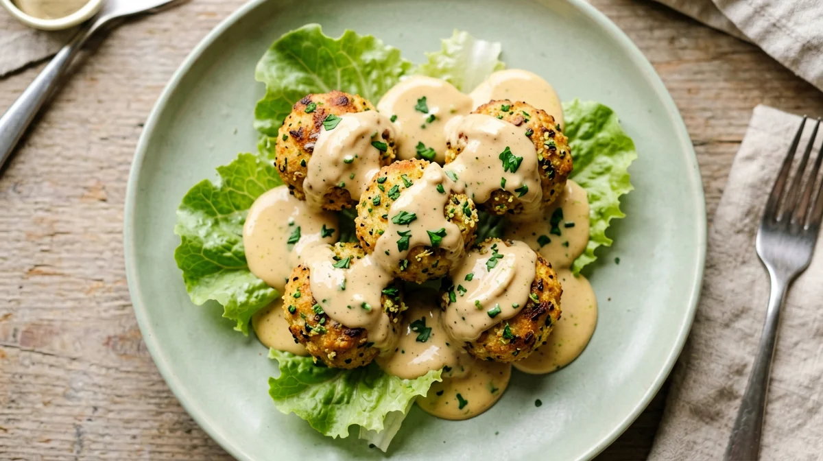Baked chickpea balls with lemon tahini sauce