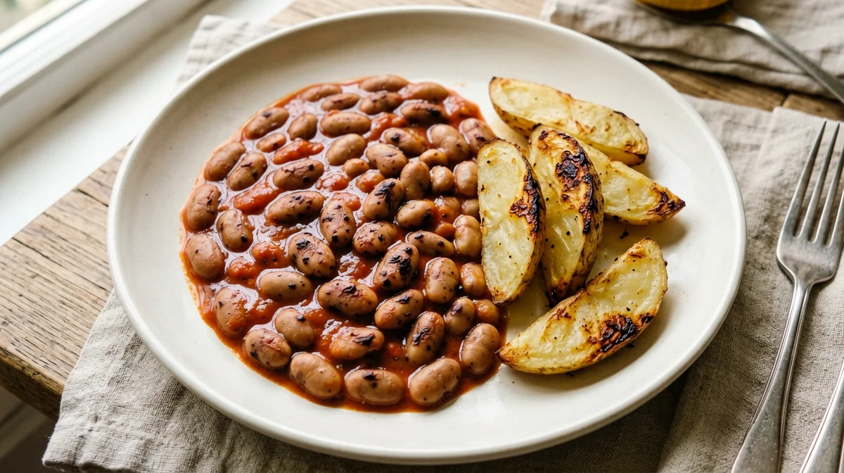 Homemade baked beans with roasted potatoes