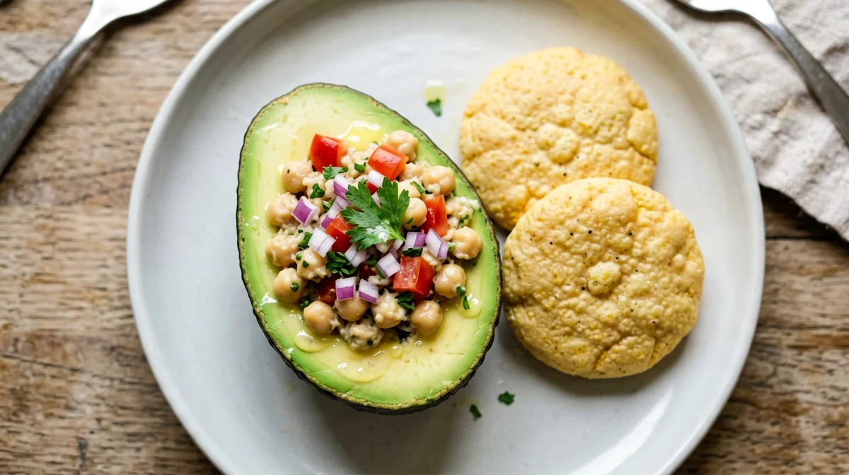 Avocado ripieno di insalata di ceci e pomodorini
