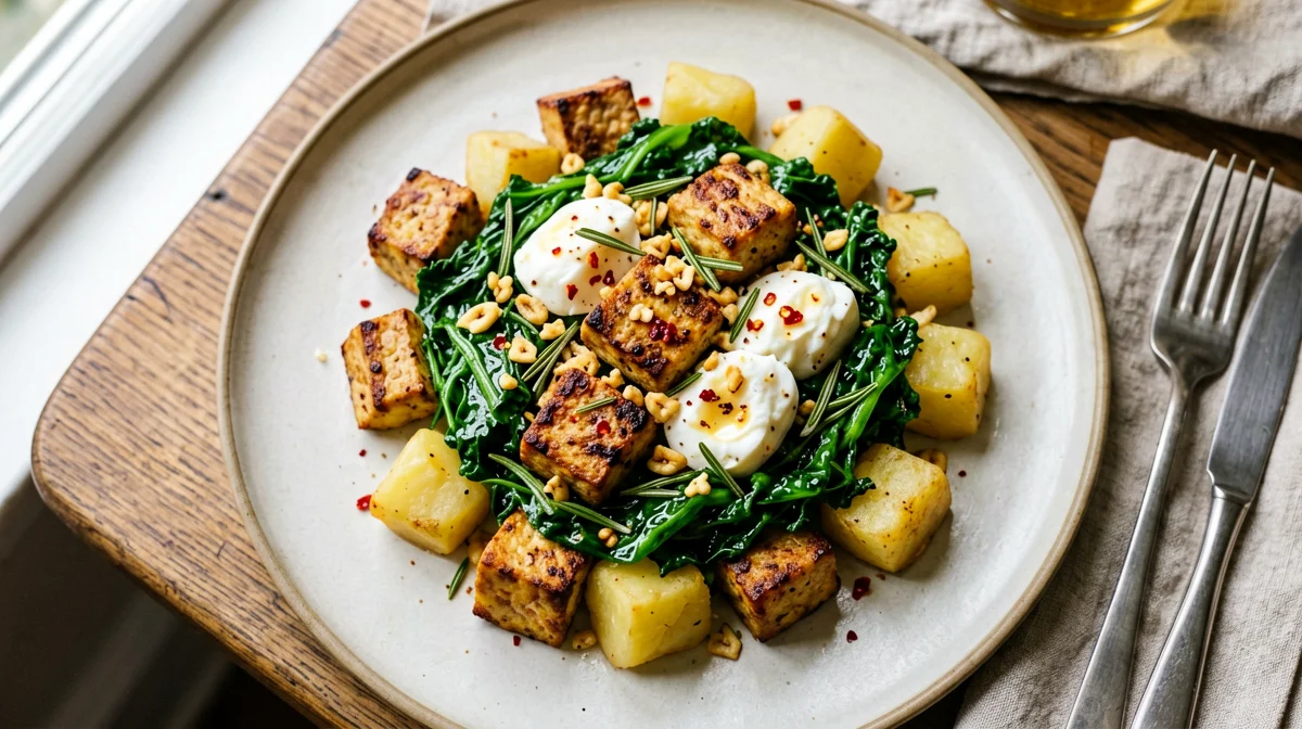 Sautéed tempeh with cavolo nero and potatoes