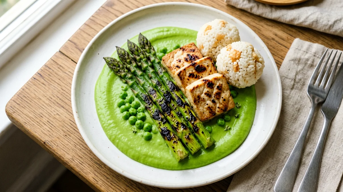 Smoked tofu and asparagus on pea purée