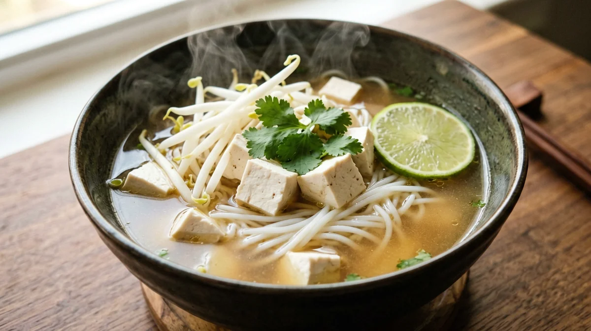 Brodo asiatico con tofu, spaghetti di riso ed erbe fresche