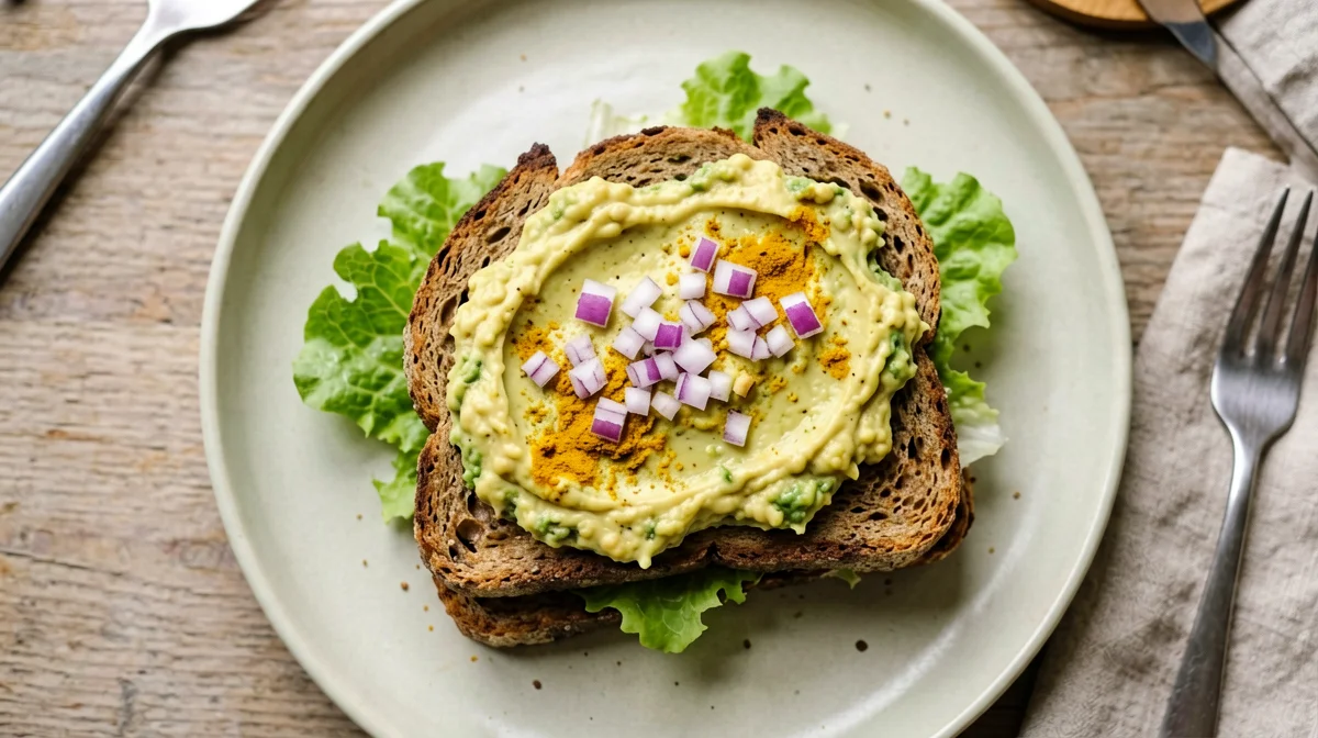 Ceci schiacciati con avocado e cipolla rossa su pane di segale