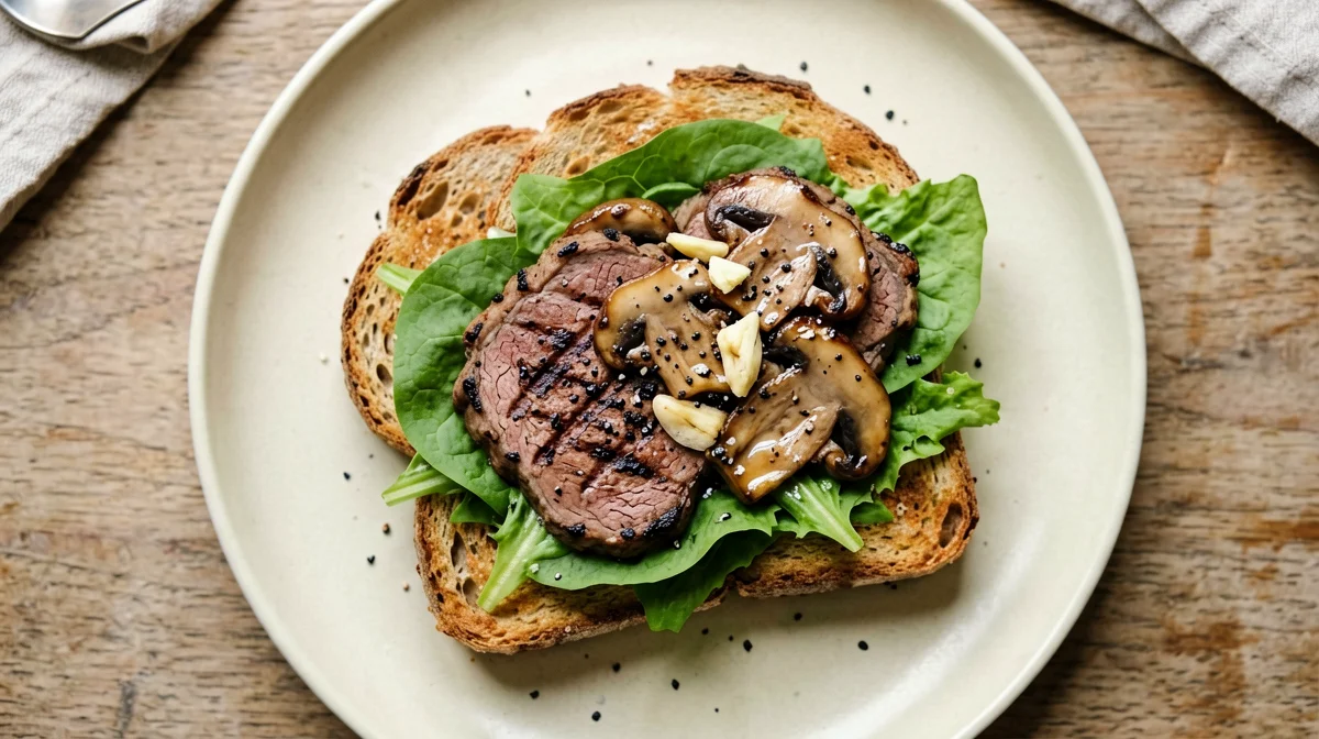 Seitan alla piastra con funghi e rucola su pane integrale