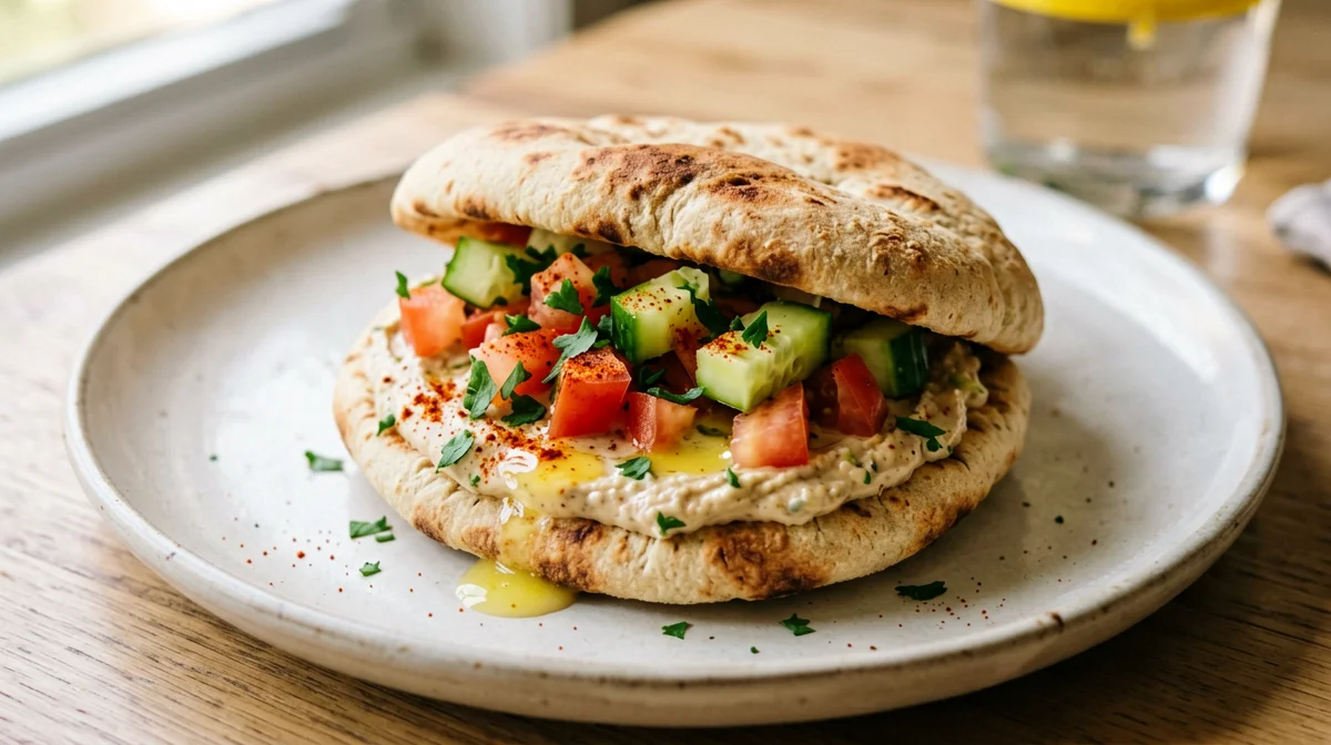 Pita integrale con hummus, pomodoro, cetriolo e prezzemolo
