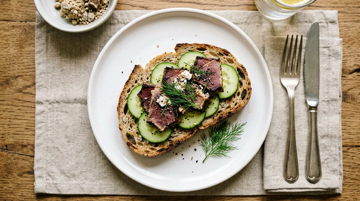 Smørrebrød vegano di segale con tofu affumicato, cetriolo e aneto
