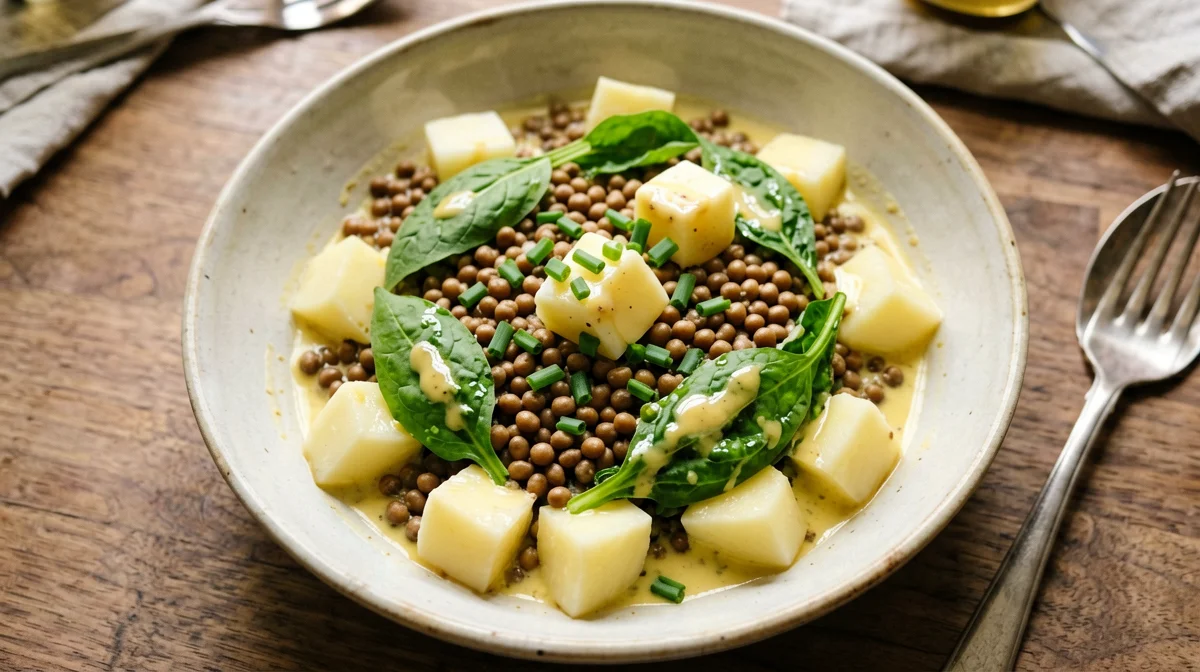 Warm lentils with rocket, potatoes and mustard