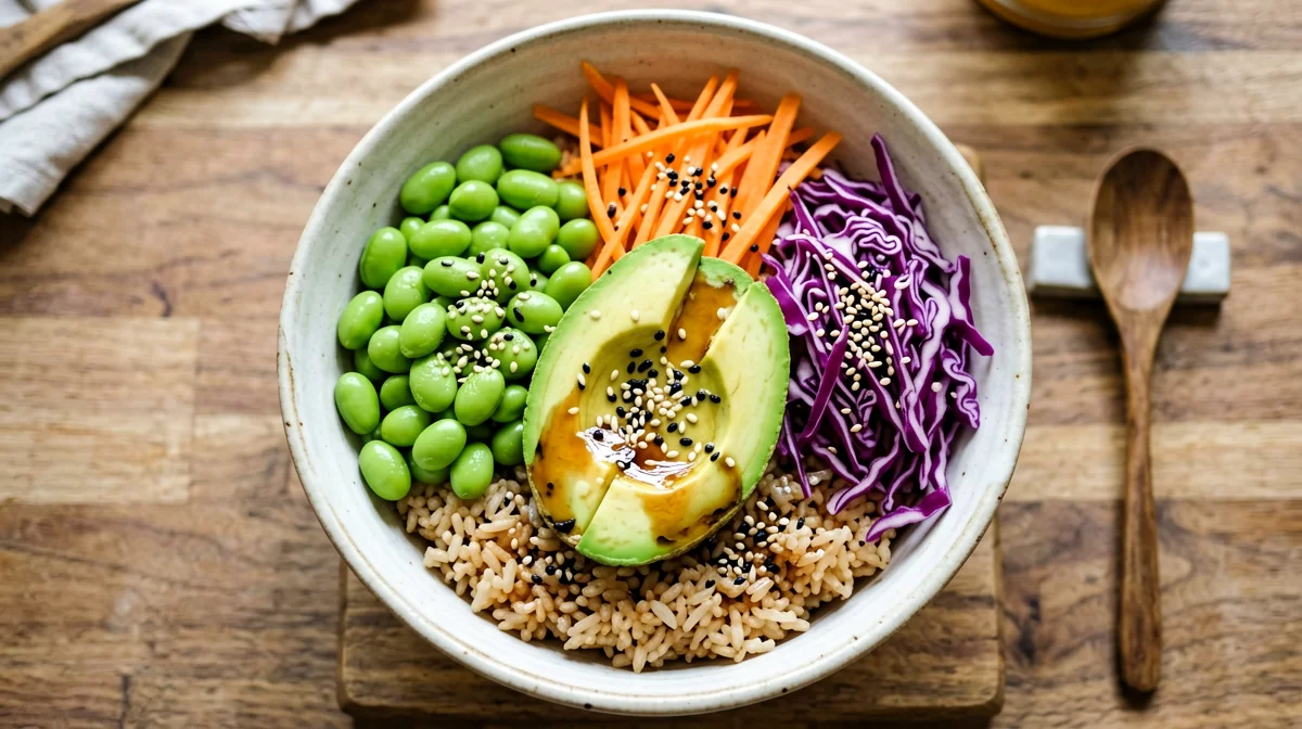 Poke di colazione con edamame, riso integrale e avocado