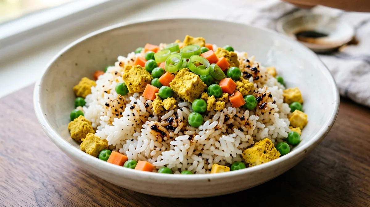 Breakfast fried rice with tofu, peas and carrots
