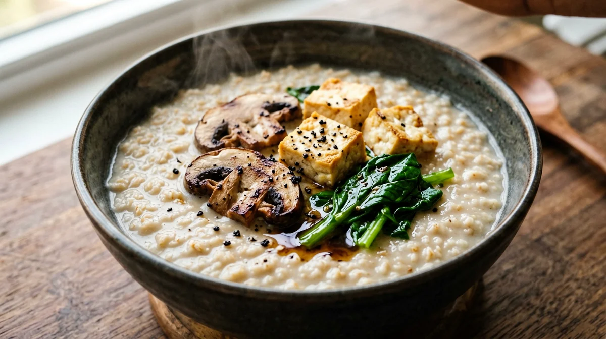 Porridge d'avena salato con funghi, spinaci e tofu