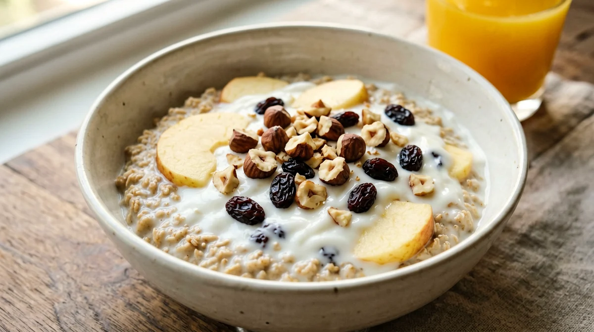 Bircher vegano con mela, uvetta e yogurt di soia