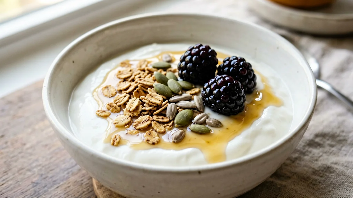 Granola di avena e semi fatta in casa con yogurt di soia e more
