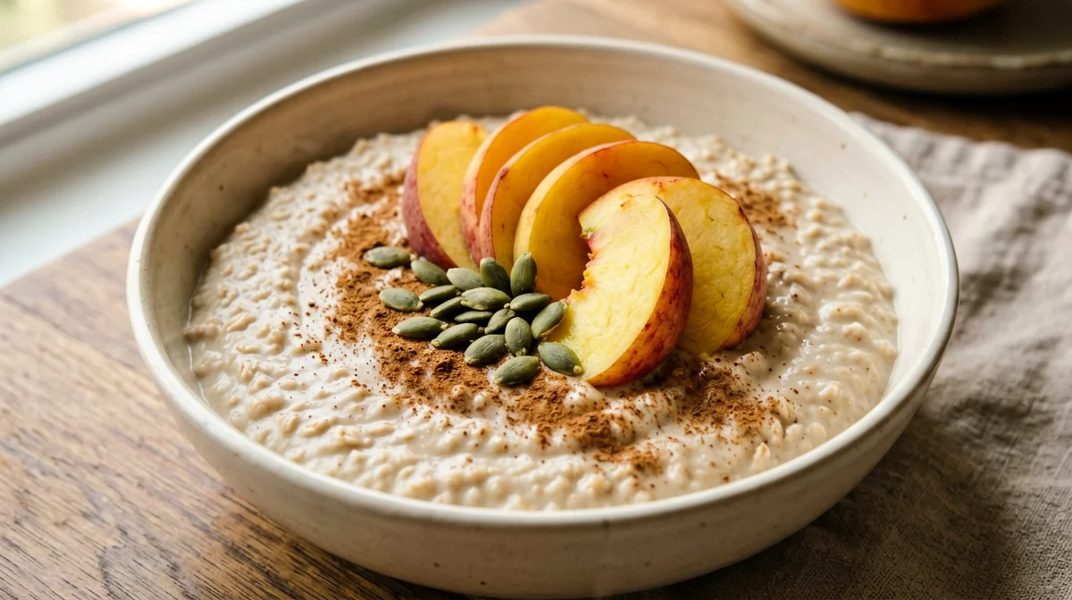 Crema di crusca d'avena alla soia con pesca e semi di zucca