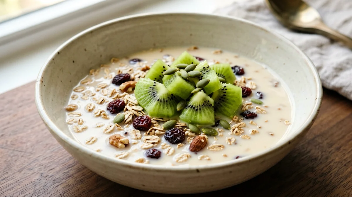 Muesli con bevanda di soia, kiwi e semi di zucca