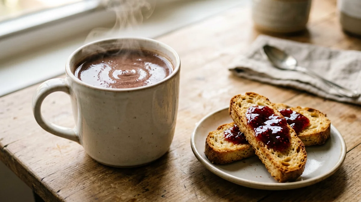 Rusks with no-sugar jam and soy hot chocolate