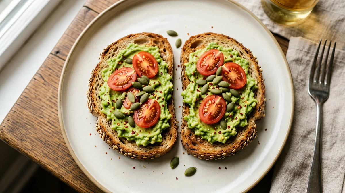 Multigrain toast with avocado, cherry tomatoes and pumpkin seeds