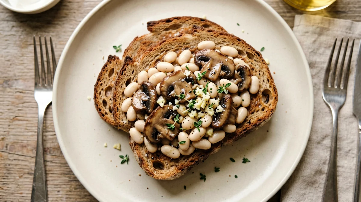 Bruschetta di segale con funghi trifolati, cannellini e timo