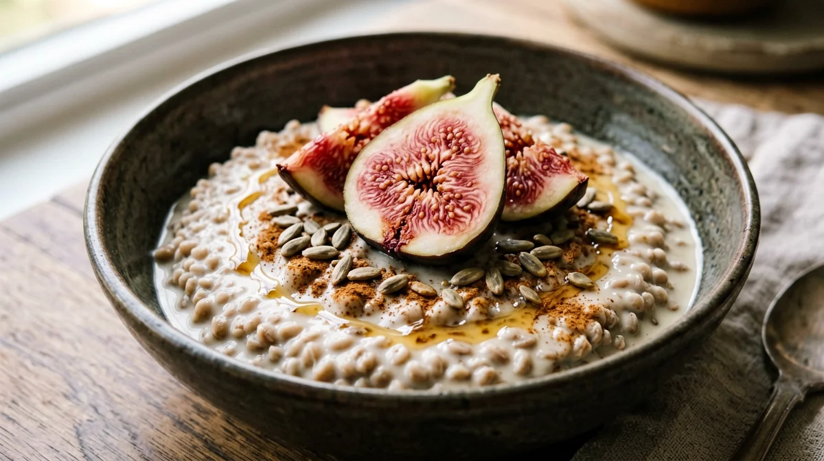 Farro al latte di soia con fichi e cannella