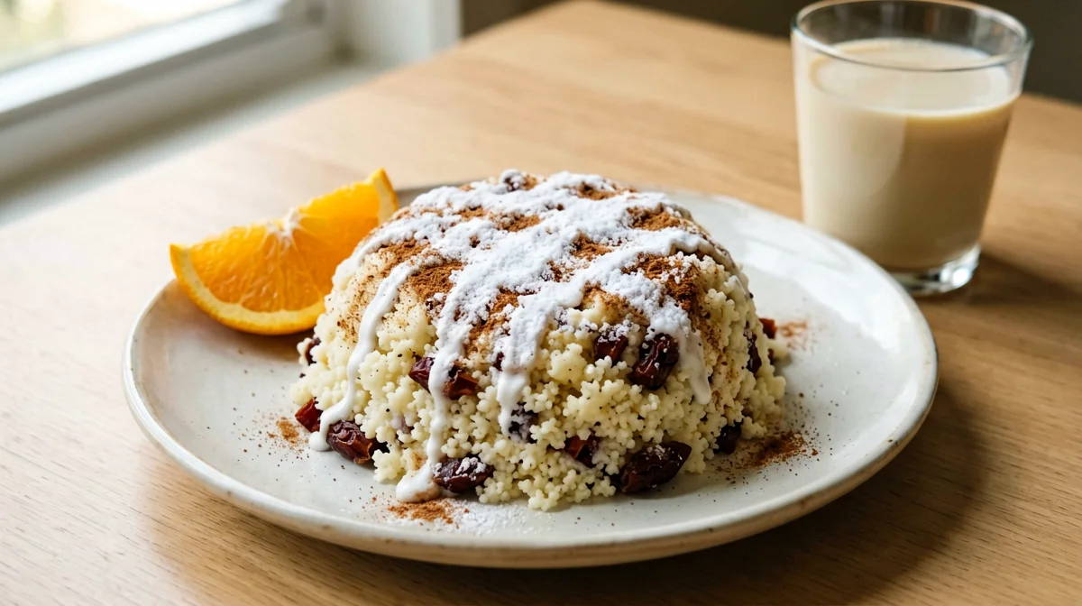 Sweet cinnamon couscous seffa with orange and dates