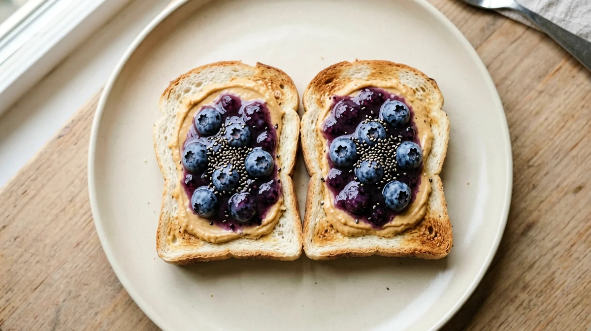 Peanut butter toast with smashed blueberries