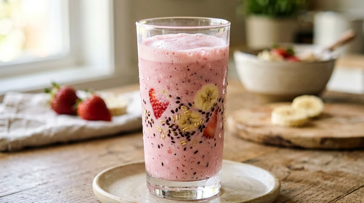 Frullato di bevanda d'avena, fragole e semi di lino