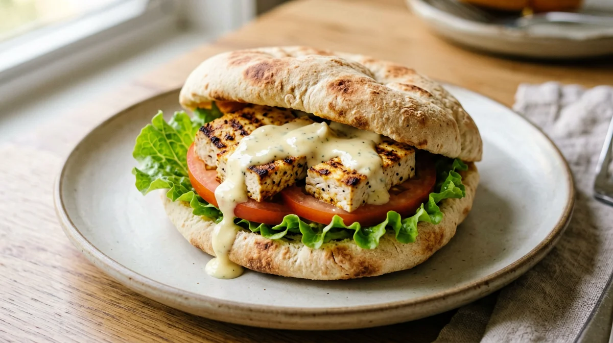 Pita integrale con tofu grigliato, pomodoro e salsa tahina