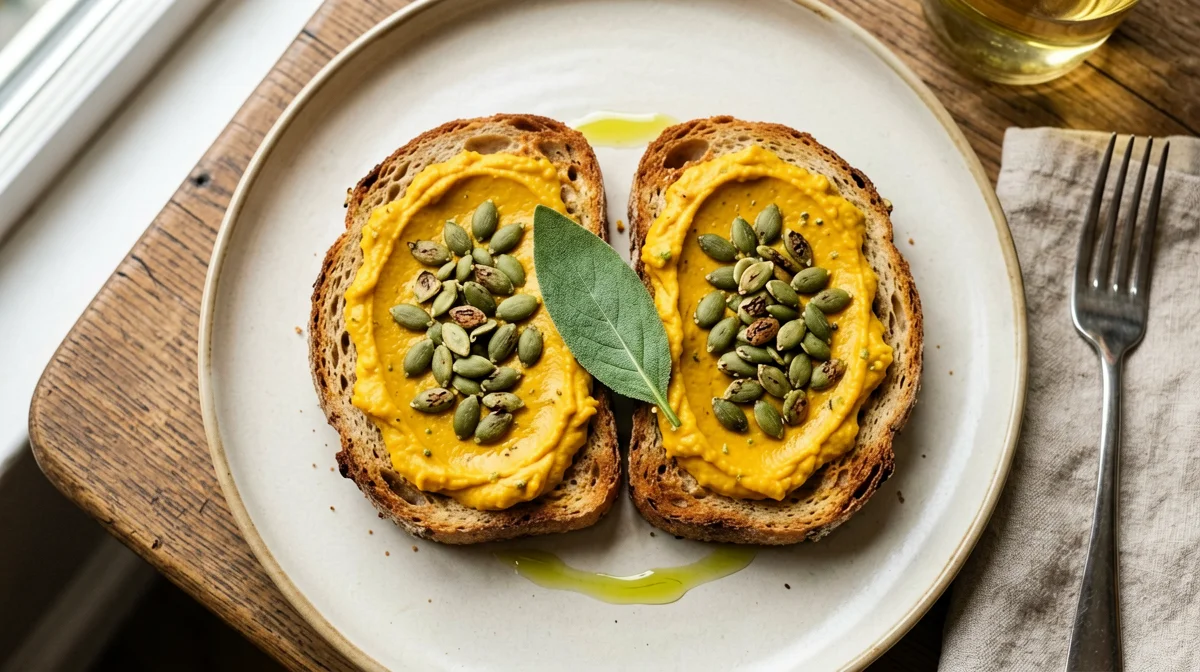 Whole wheat crostini with pumpkin, sage and seeds