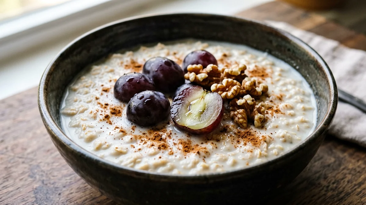 Porridge d'avena con uva nera e noci