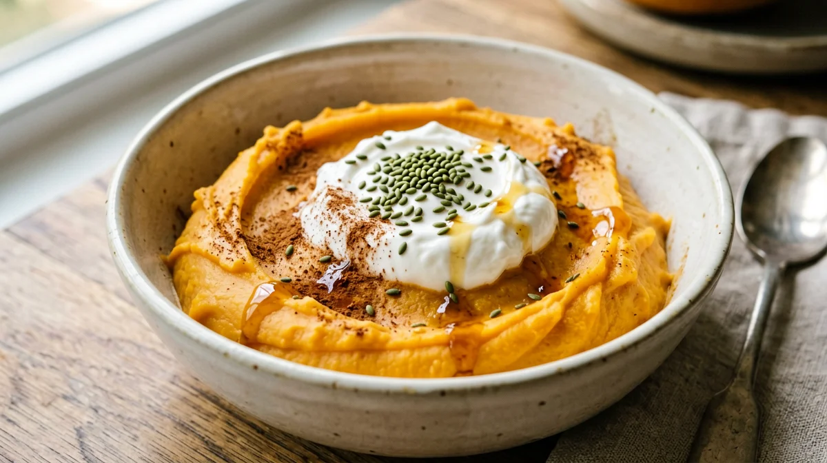 Purea dolce di patate dolci alla cannella con yogurt di soia