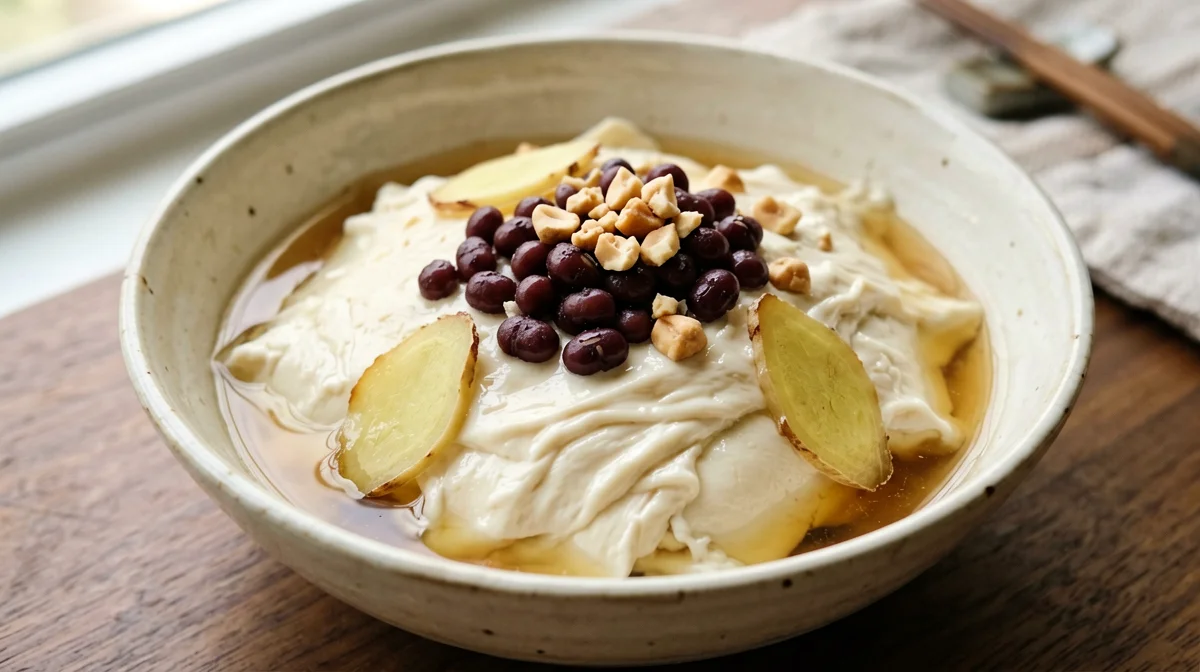 Tofu setoso dolce con sciroppo allo zenzero e arachidi