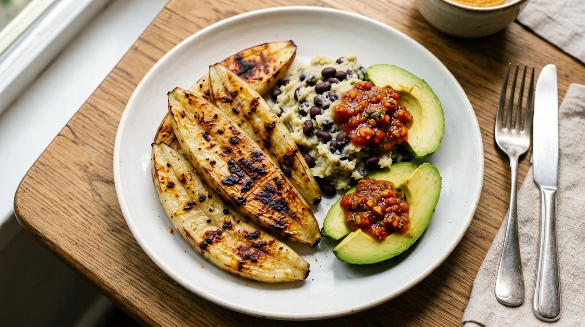 Baked ripe plantain with black beans and avocado